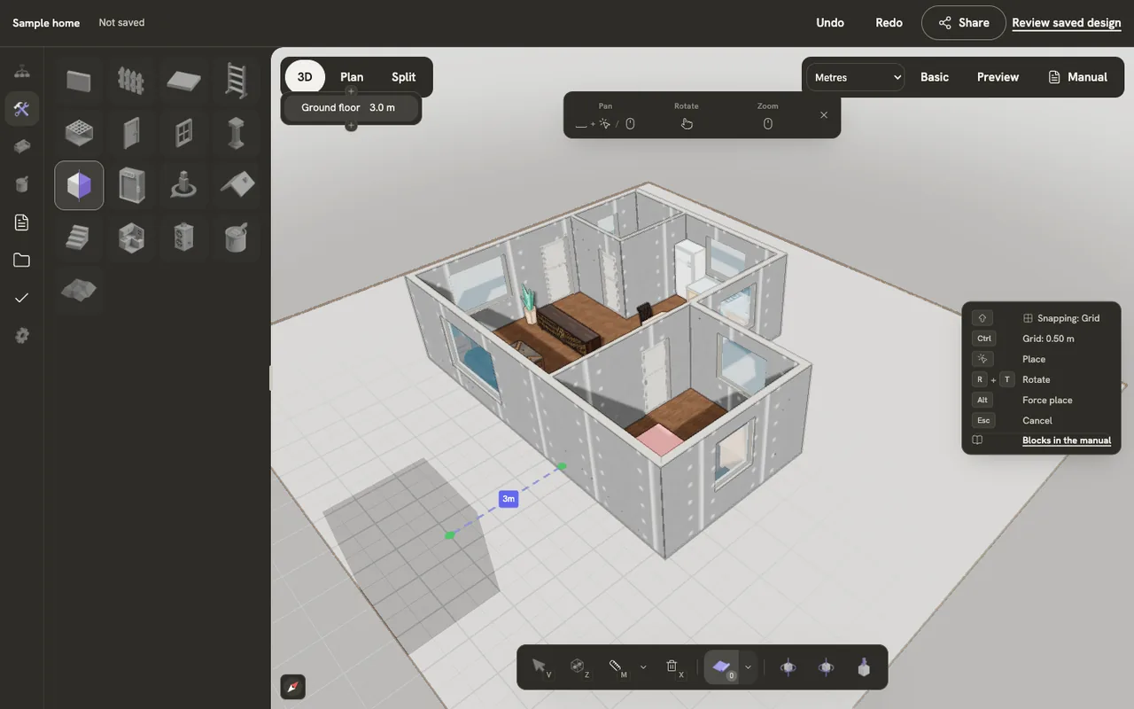 A new block following the cursor on the ground beside the house in 3D, with a guide measuring its distance to the nearest wall and the key panel listing Place, Rotate, Force place and Cancel.
