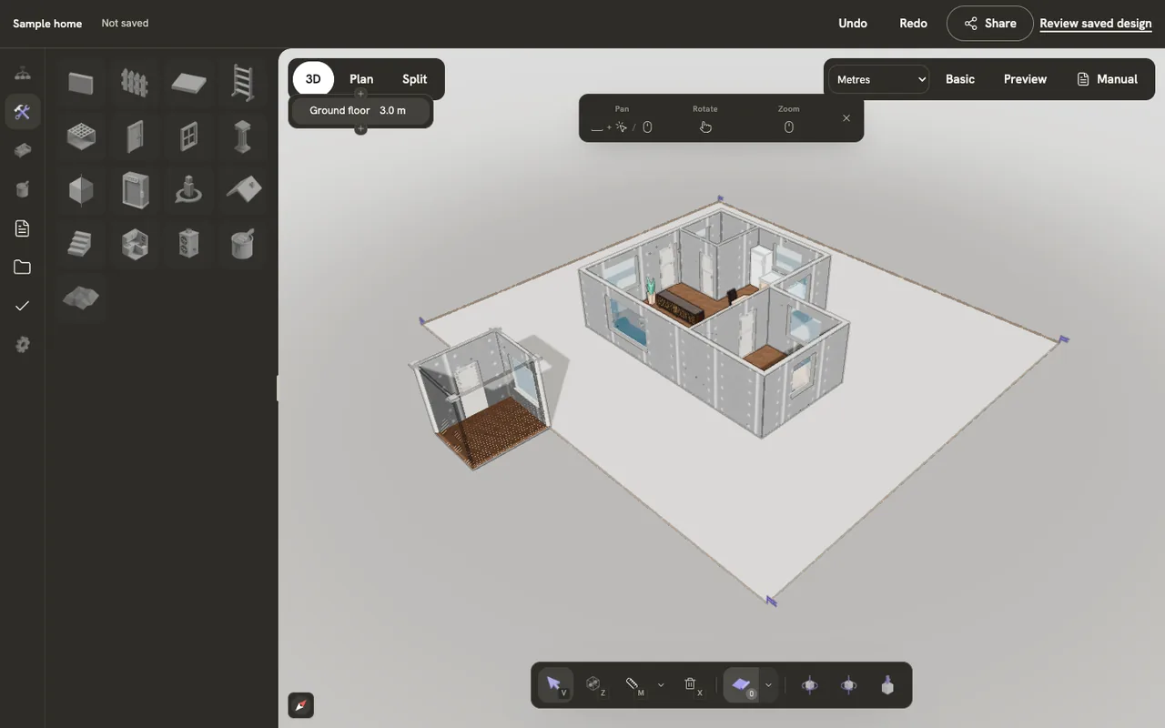 A small new room beside the sample home in 3D, with a door in one wall and a window in another.