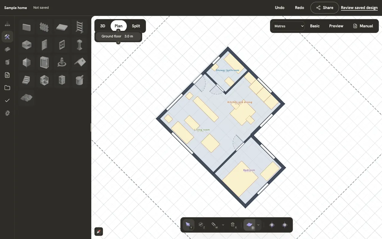 The wall tool drawing four walls on the plan beside the sample home, one click at each corner, until the room closes and fills with a floor.