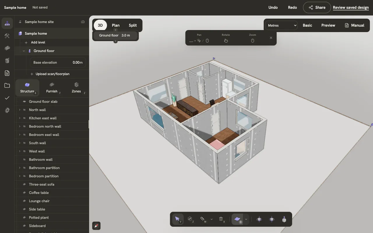 The Scene tab listing the sample home’s site, building and Ground floor, with Add level and the base elevation, beside the model in 3D.