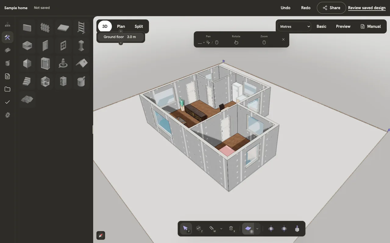 The whole editor screen: the top bar, side tabs down the left edge with the Build panel open, the 3D, Plan and Split switch and the level chip above the model, the units, Basic, Preview and Manual on the right, and the bottom toolbar.