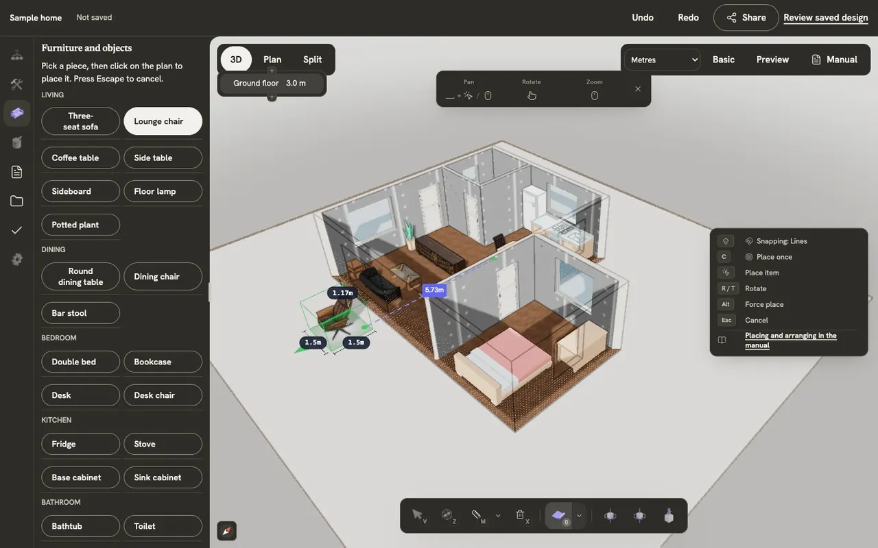 A lounge chair picked from the furniture list rides the cursor into the living room in 3D, with distance guides to the walls and a red outline where the spot is taken, while the key panel lists Place item, Rotate, Force place and Cancel.