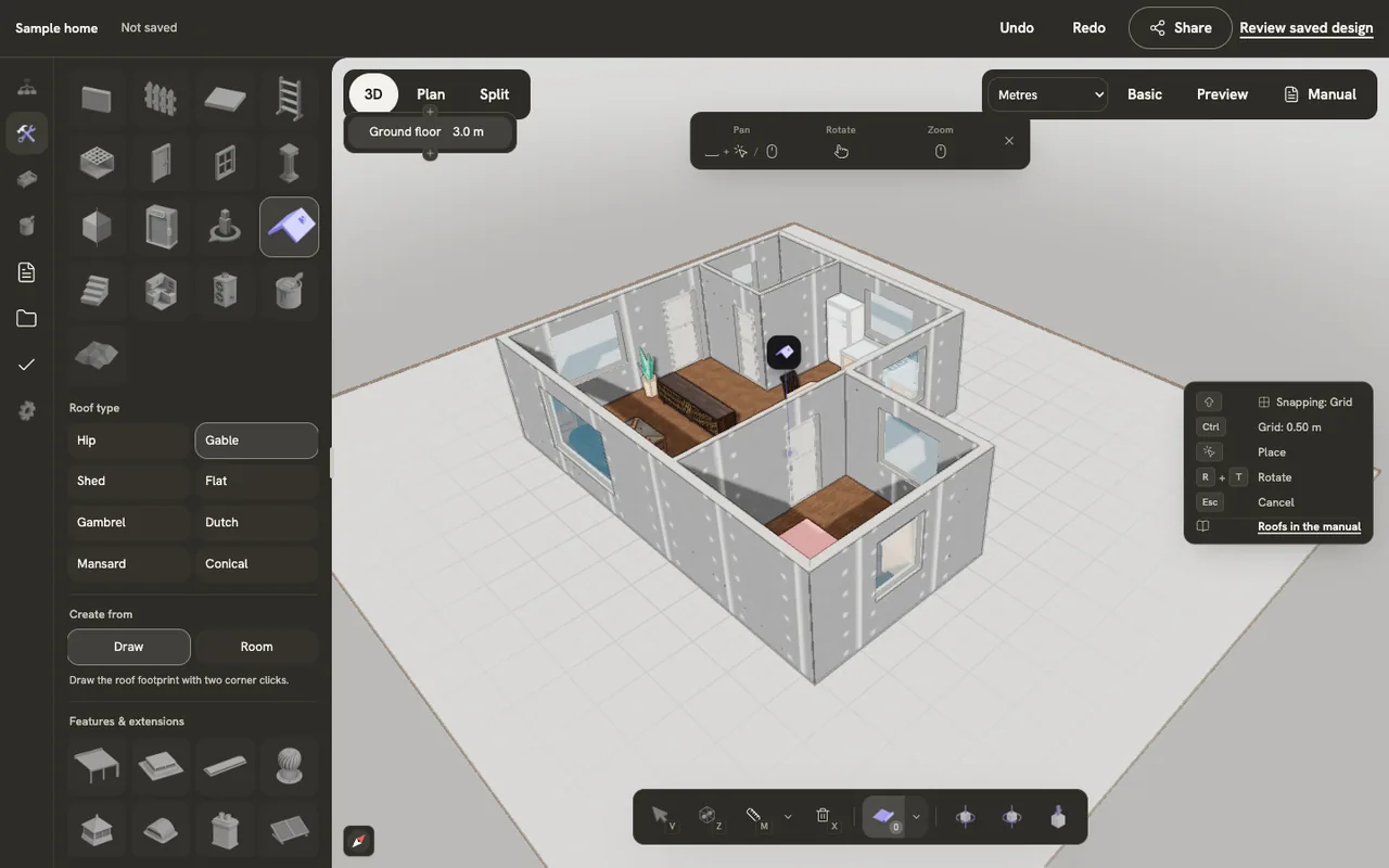 The Roof tile open in the Build tab: the eight roof types, Create from Draw or Room, and the Features and extensions grid, with the key panel linking to this page.