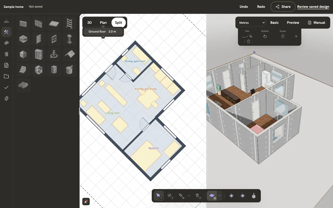 The sample home in Split view: the floor plan on one side and the 3D model on the other.