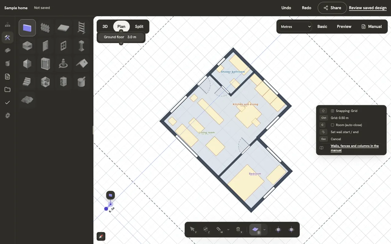 A wall being drawn on the plan beside the sample home, its running length printed next to it as the cursor moves along the grid.