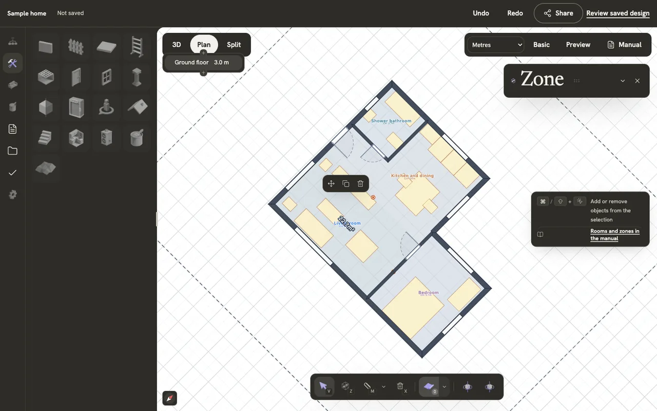 The living room zone selected on the plan, with its area printed across it, the selection menu above it and the zone inspector open.
