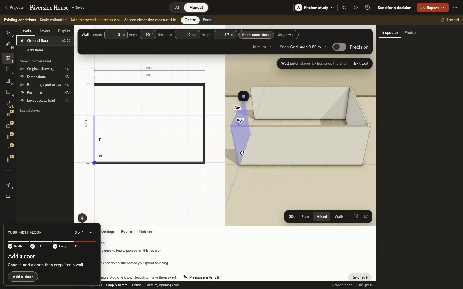 Drawing a room: the plan on the left, the walls rising in 3D on the right