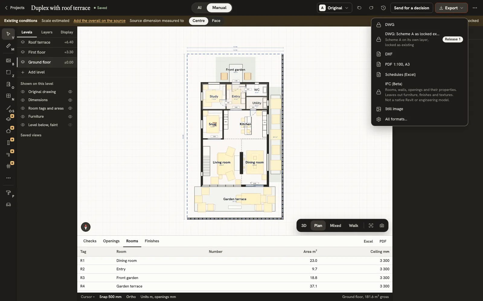 A ground floor in the plan view: rooms with their names, and the levels beside it