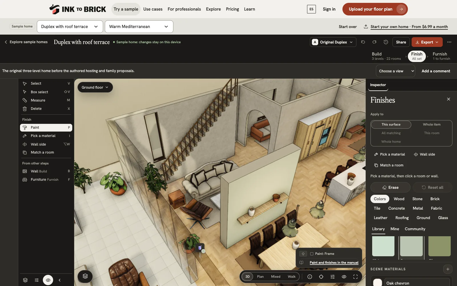 A furnished room in 3D with the finishes panel open: colours, wood, stone and tile