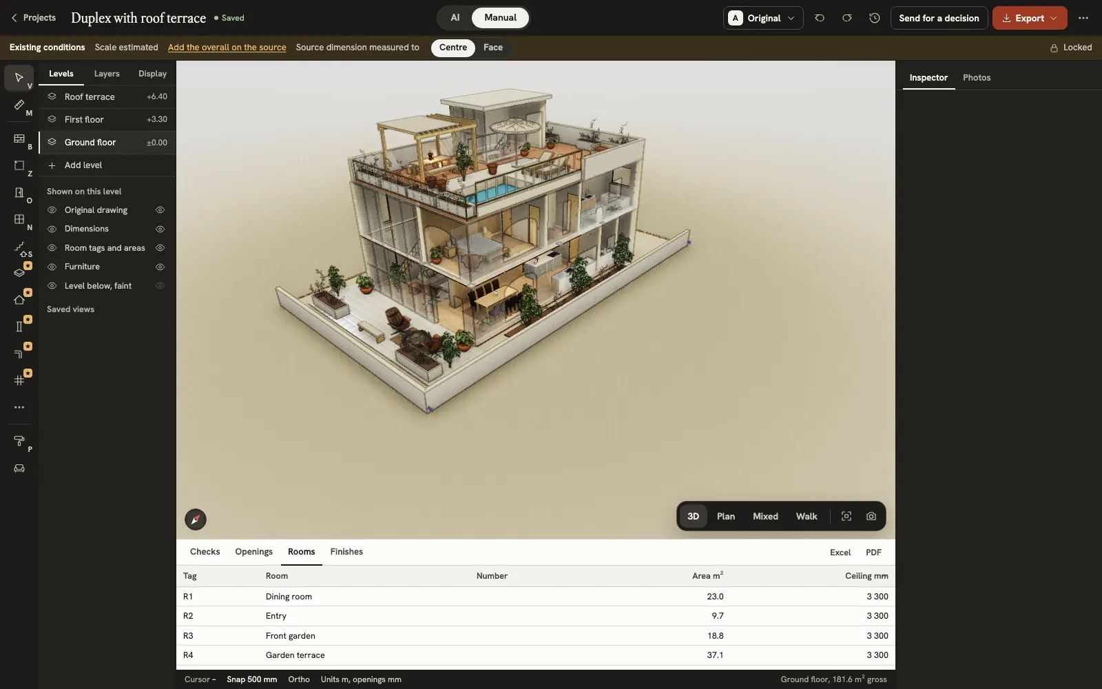 The architect editor in Manual mode: the tool dock down the left edge and the room schedule under the 3D duplex, with each room’s tag, area and ceiling height.