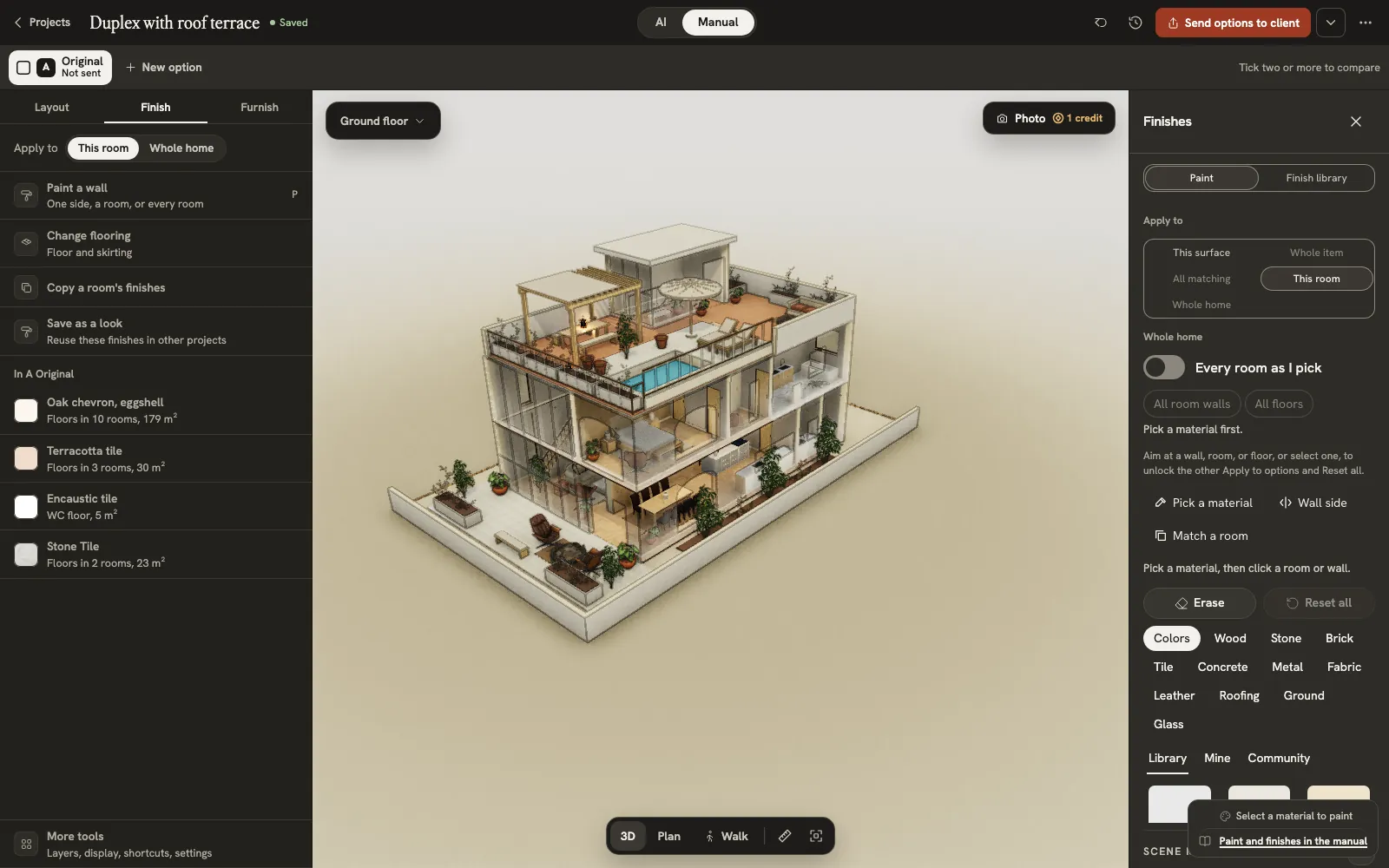 The interior designer editor on its Finish step: the finishes panel beside the furnished duplex, with where to apply a finish and the colours, wood, stone and tile libraries.
