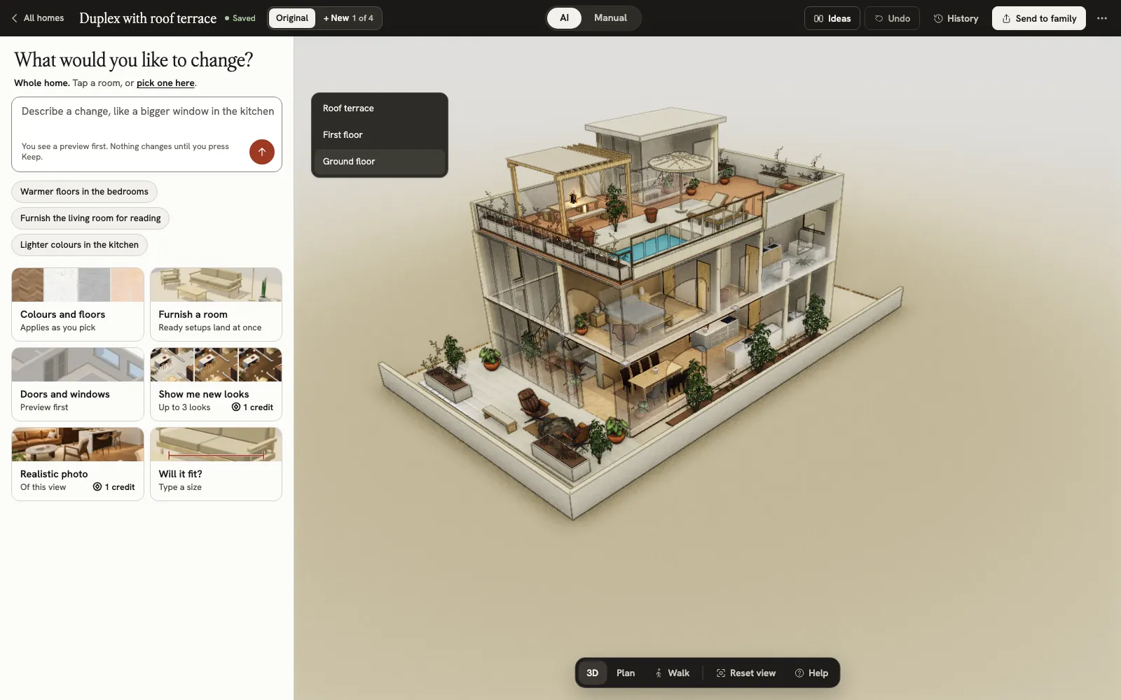 The homeowner editor in AI mode: a box asking what you would like to change, ready-made asks like warmer floors in the bedrooms, and cards for colours, furniture, doors and photos beside the 3D duplex.