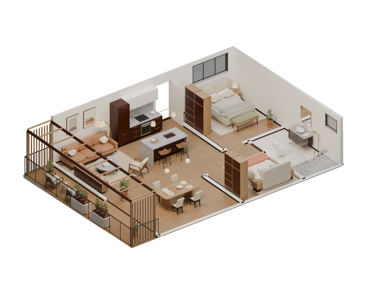 The reference apartment imported into Blender and rendered with a cutaway view and new lighting.