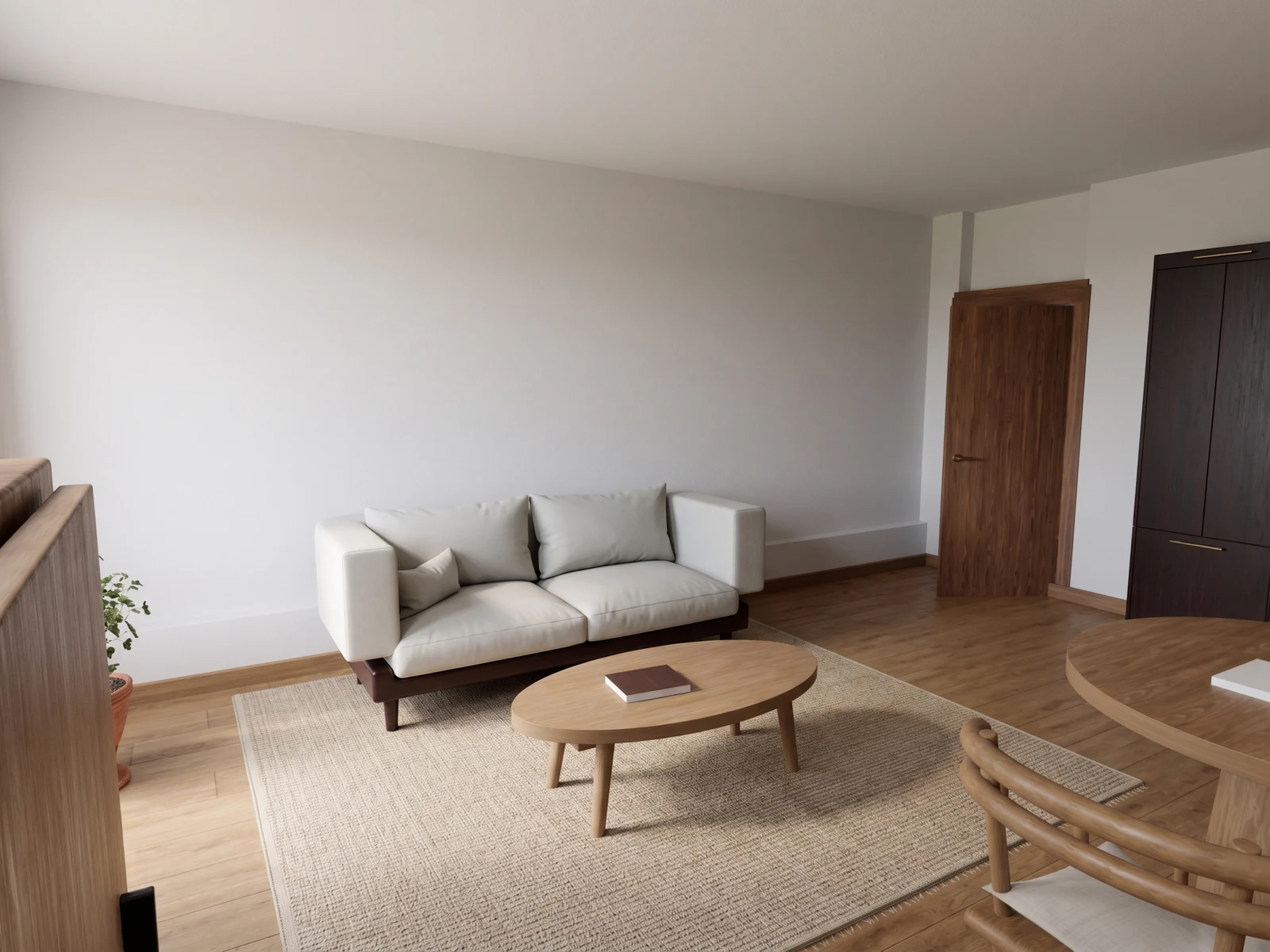 Compact studio, interior detail: AI-generated visualization of the reference 3D model.