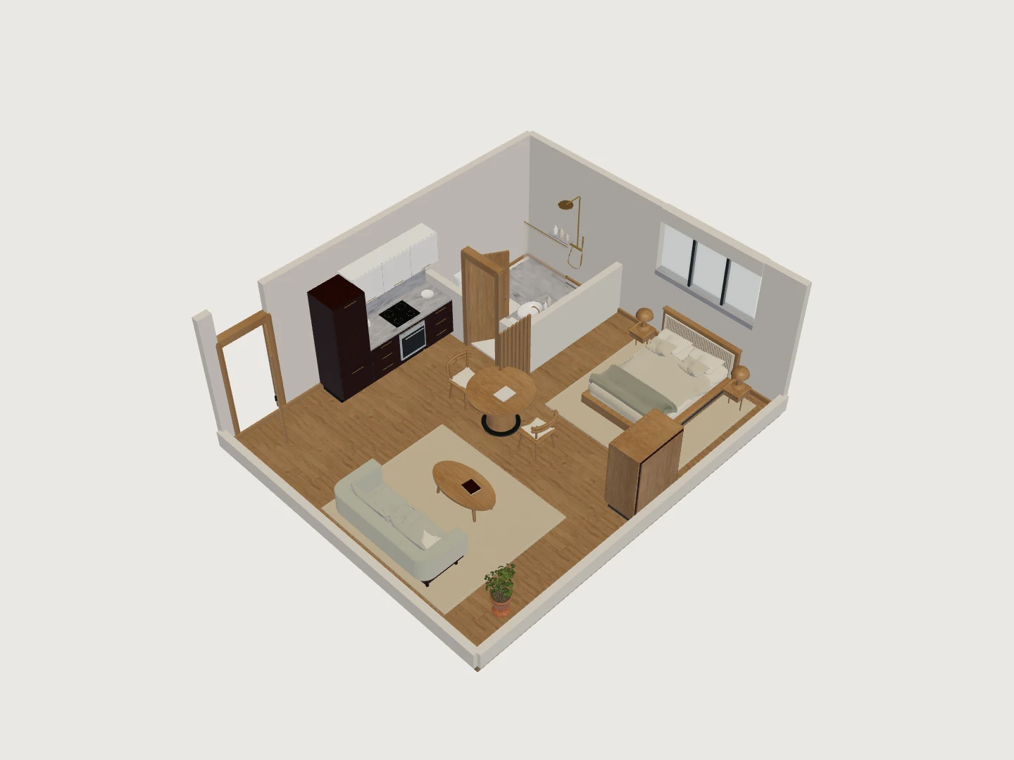 3D compact studio with a slatted sleeping screen, curved sofa, kitchen and shower bathroom.