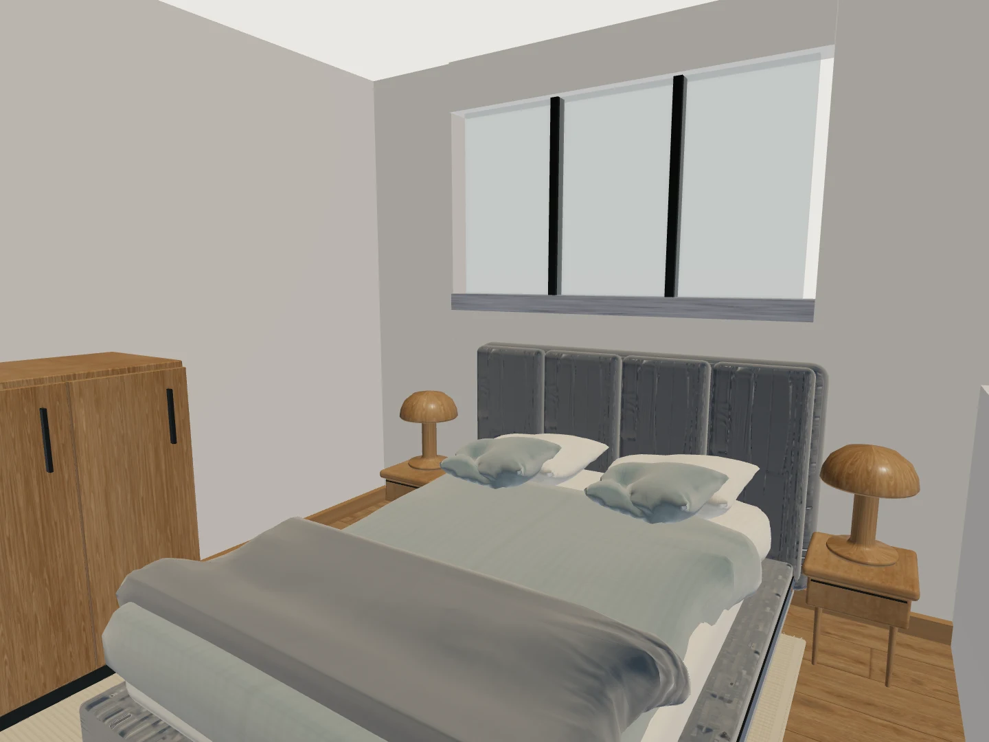 Compact two-bed: source 3D view, interior detail.