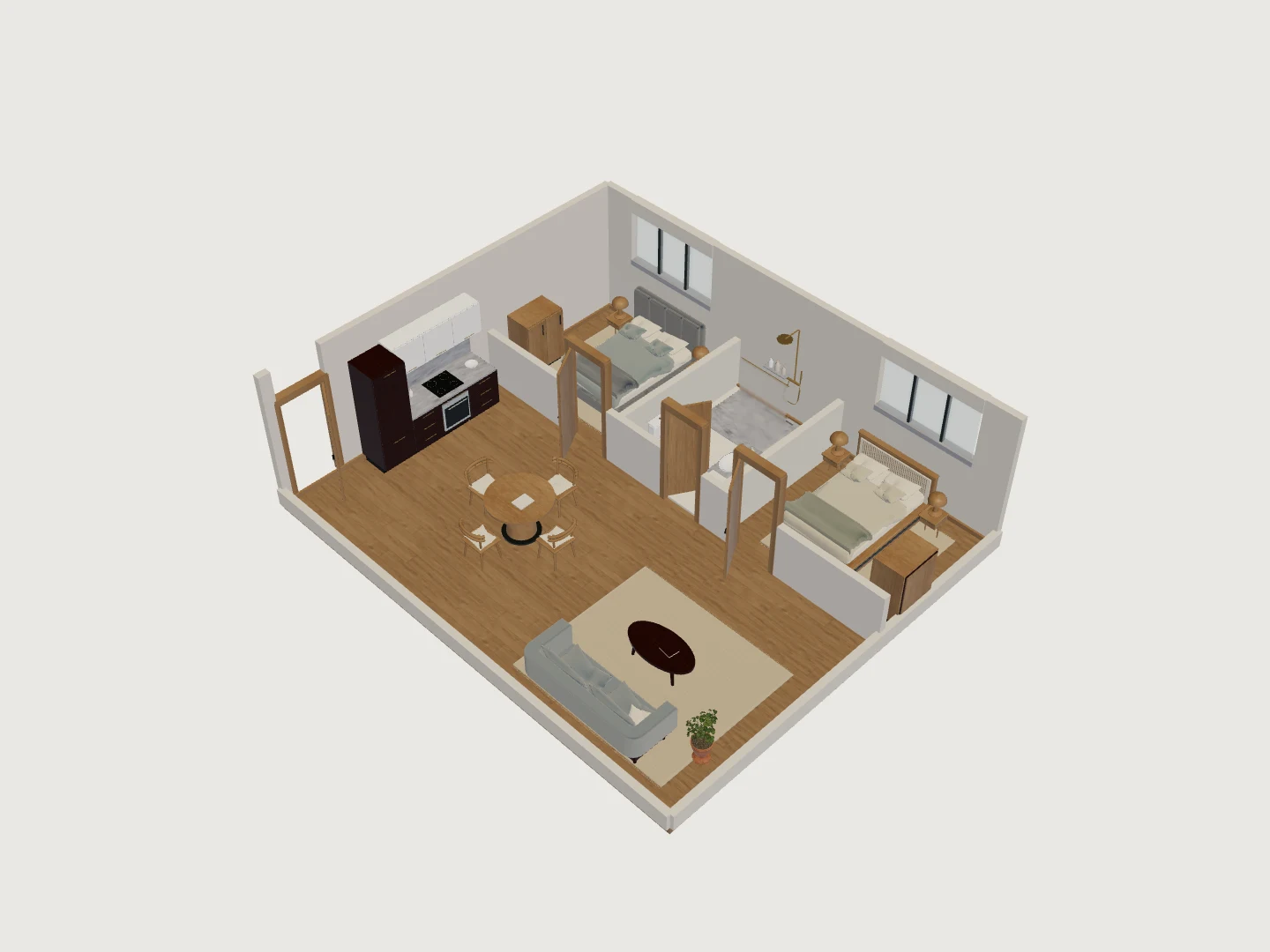 3D compact two-bed apartment with bedrooms either side of a shared shower bathroom and an open front room.