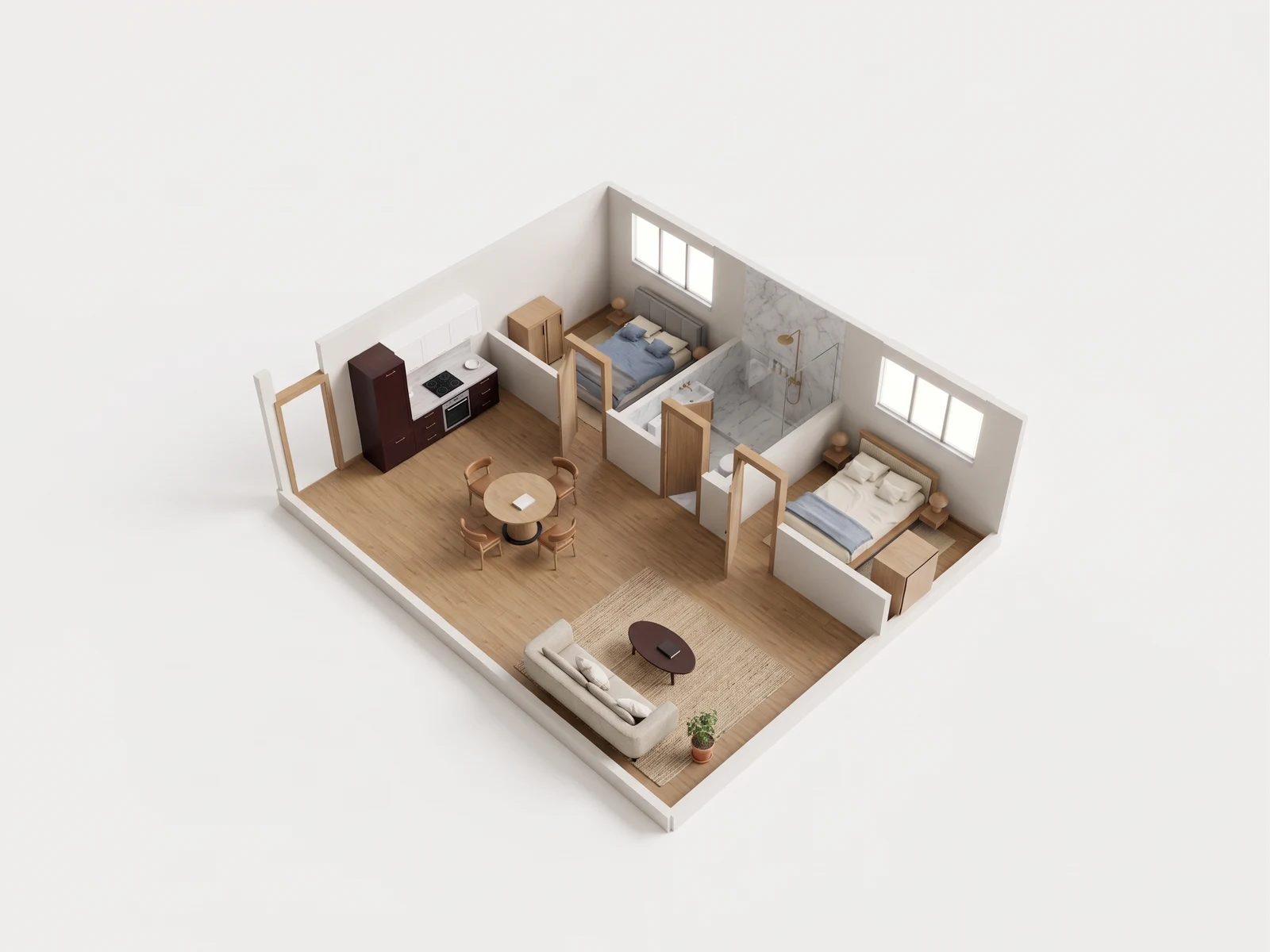 Compact two-bed, whole space: AI-generated visualization of the reference 3D model.