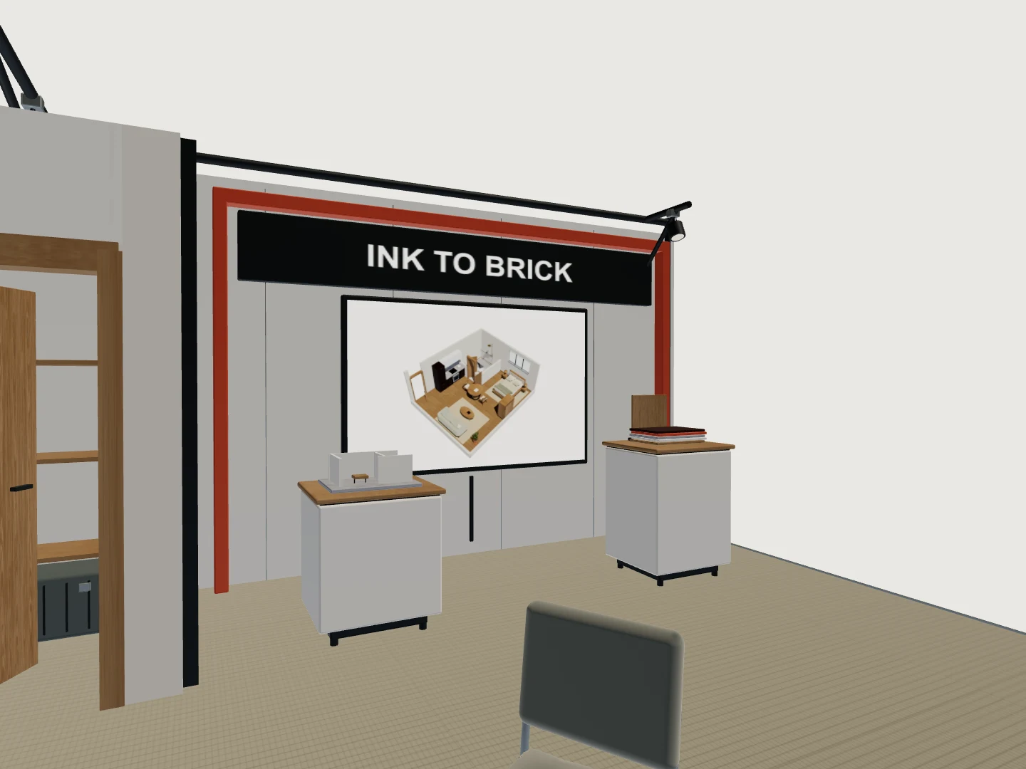 Exhibition booth: source 3D view, interior detail.