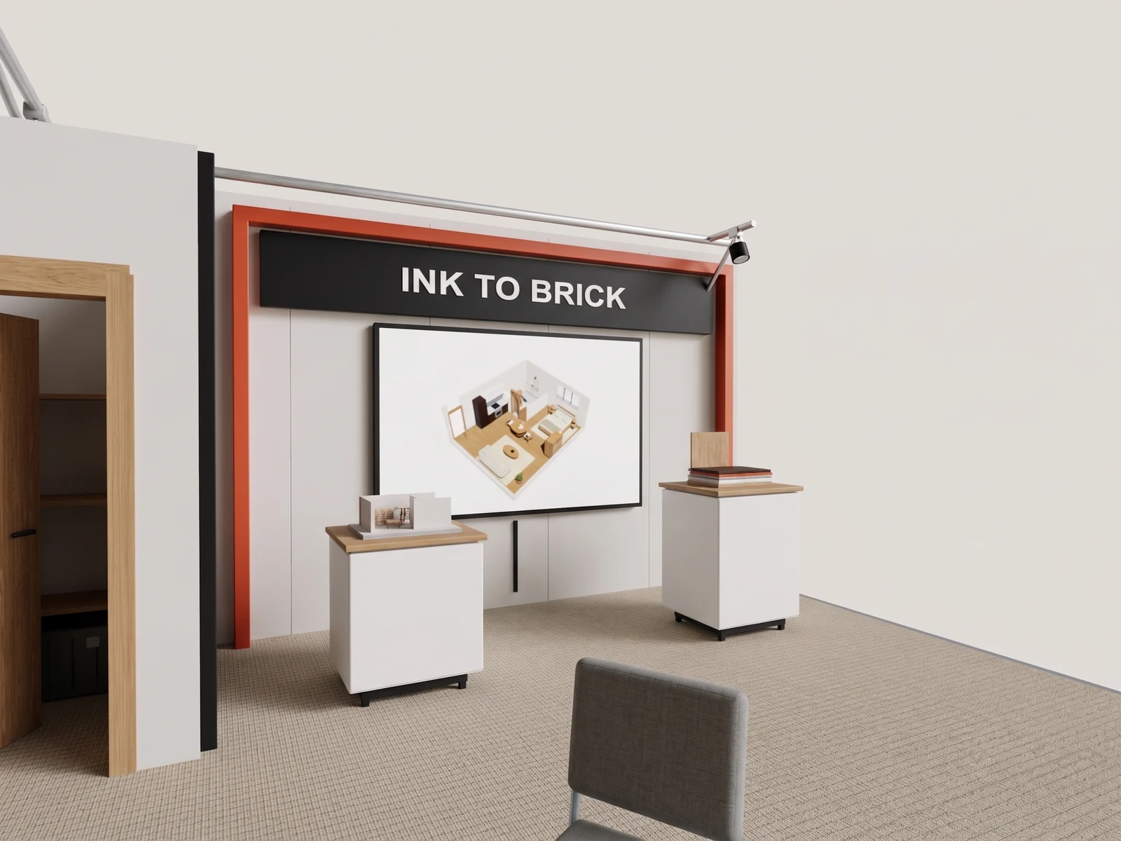 Exhibition booth, interior detail: AI-generated visualization of the reference 3D model.
