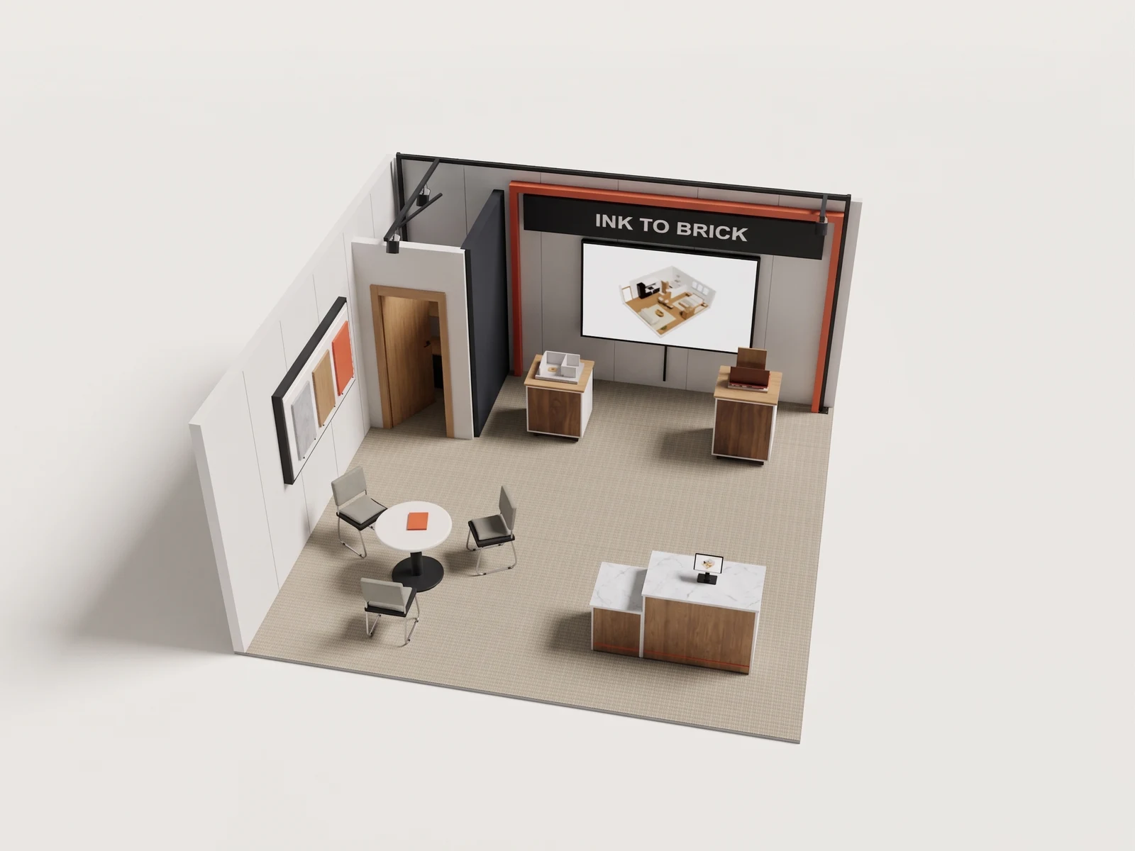 Exhibition booth, left approach: AI-generated visualization of the reference 3D model.