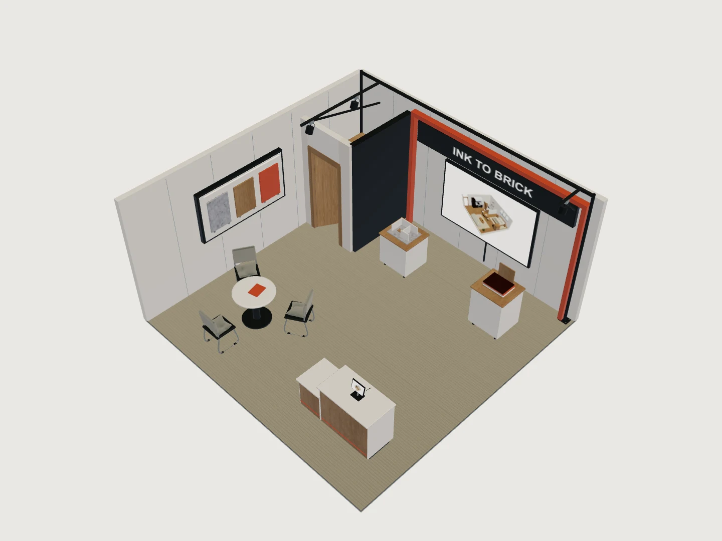 3D model of an open-corner exhibition booth with a front reception counter, three-seat meeting table, rear display plinths and back storage closet.