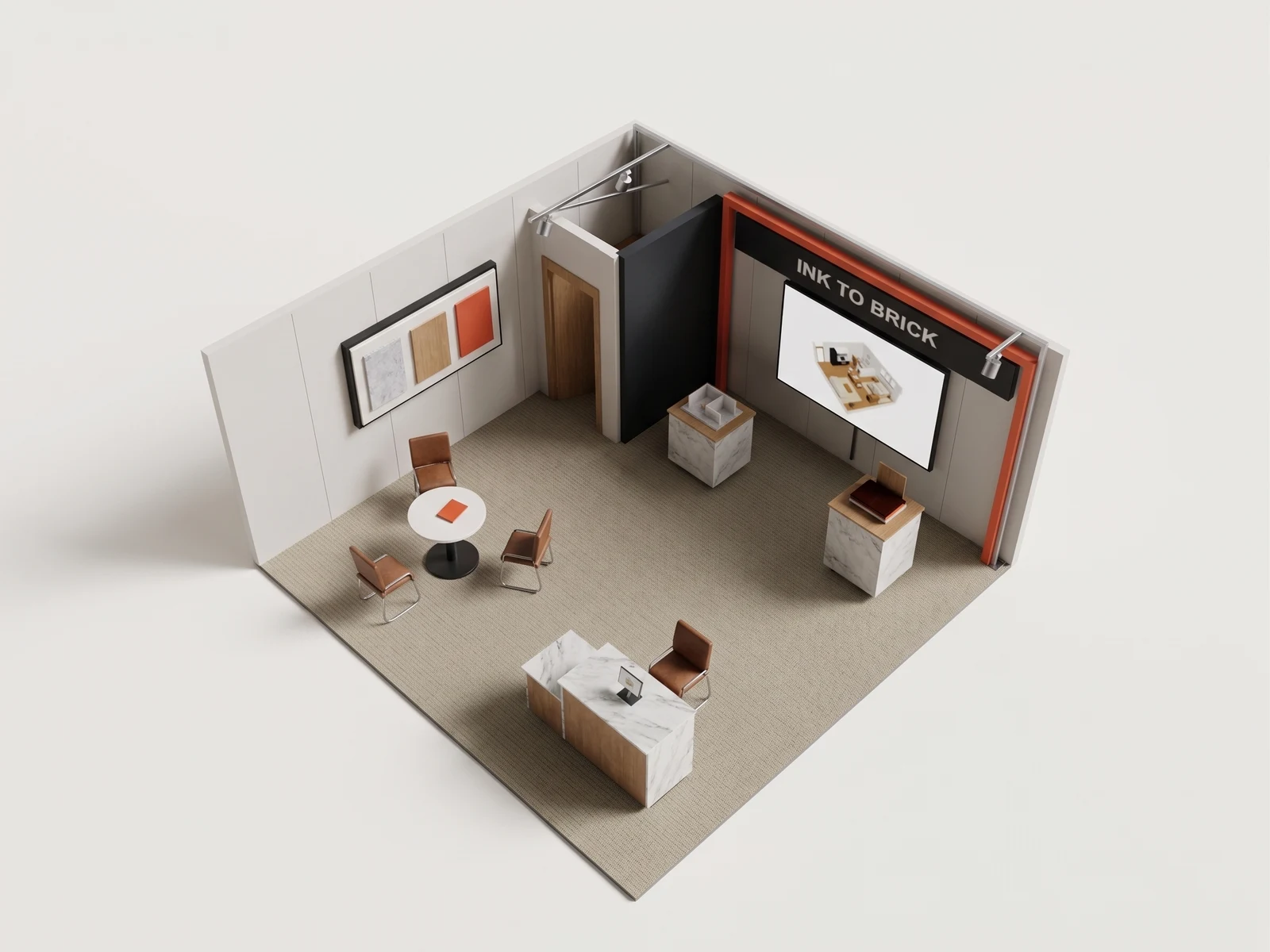 Exhibition booth, whole space: AI-generated visualization of the reference 3D model.