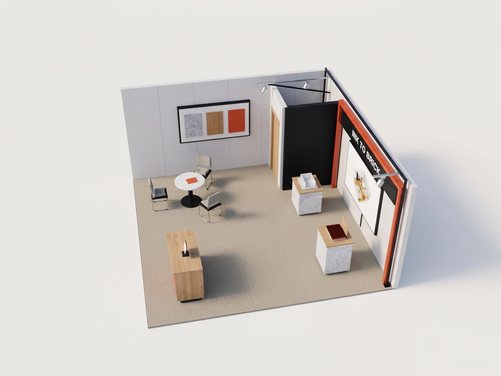 Exhibition booth, right approach: AI-generated visualization of the reference 3D model.