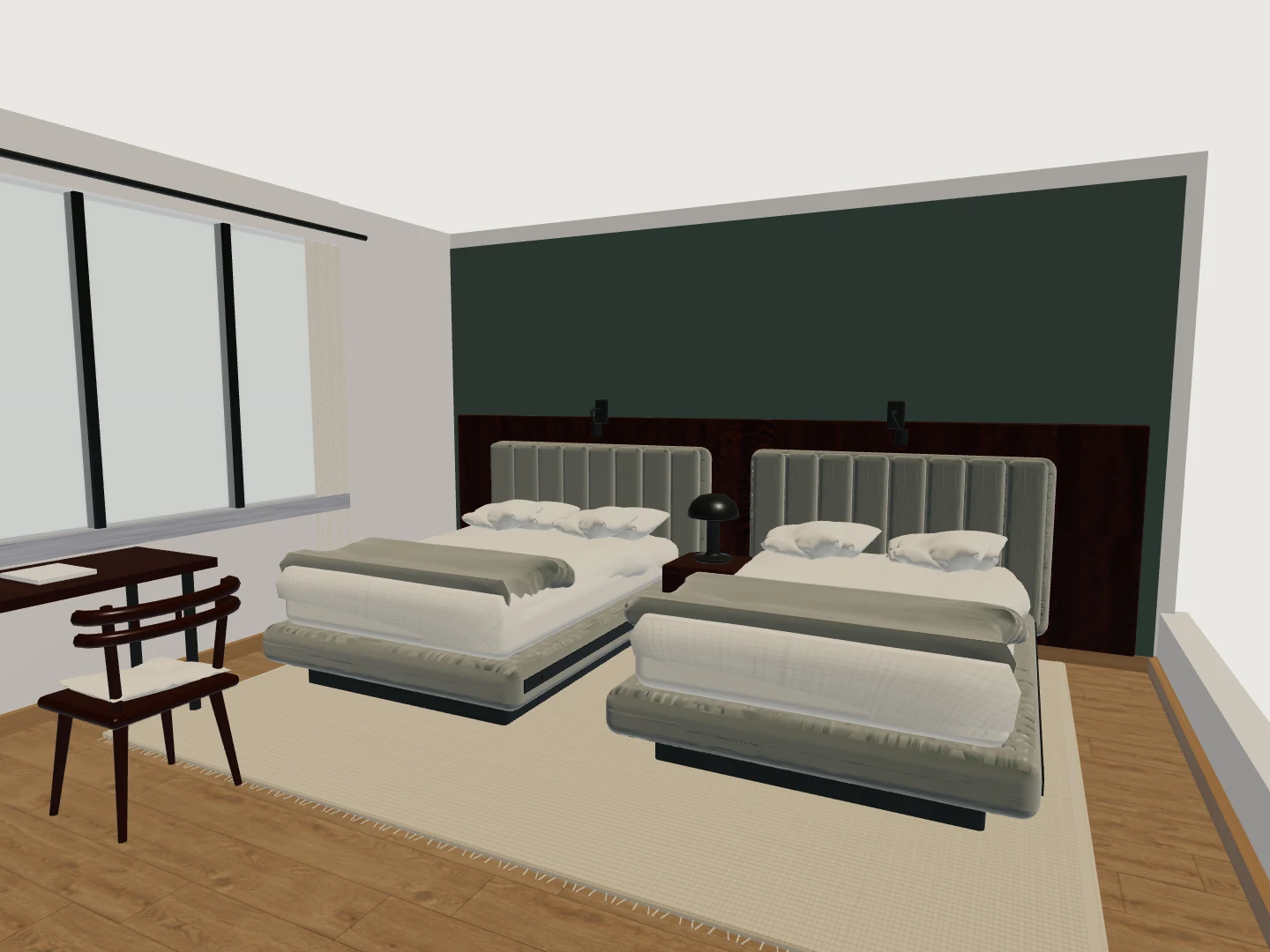 Two-bed hotel room: captured 3D model, inside the space.