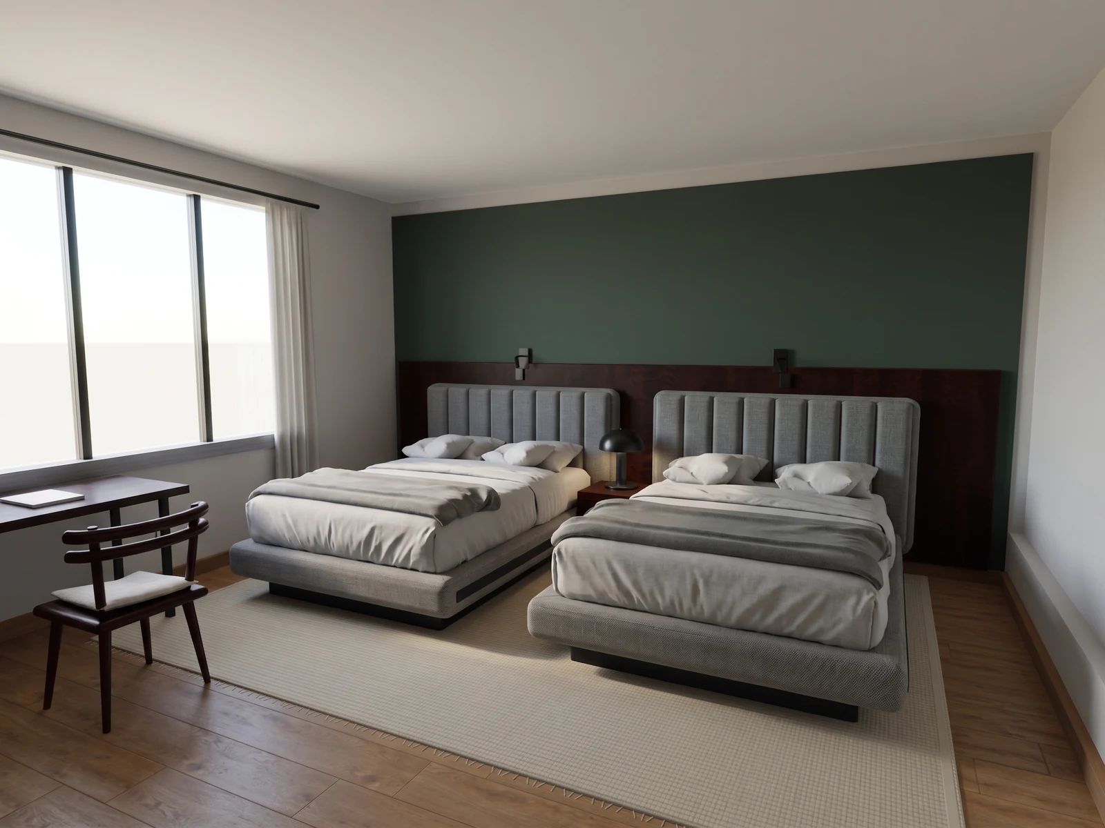 Two-bed hotel room, inside the space: AI-generated visualization of the reference 3D model.