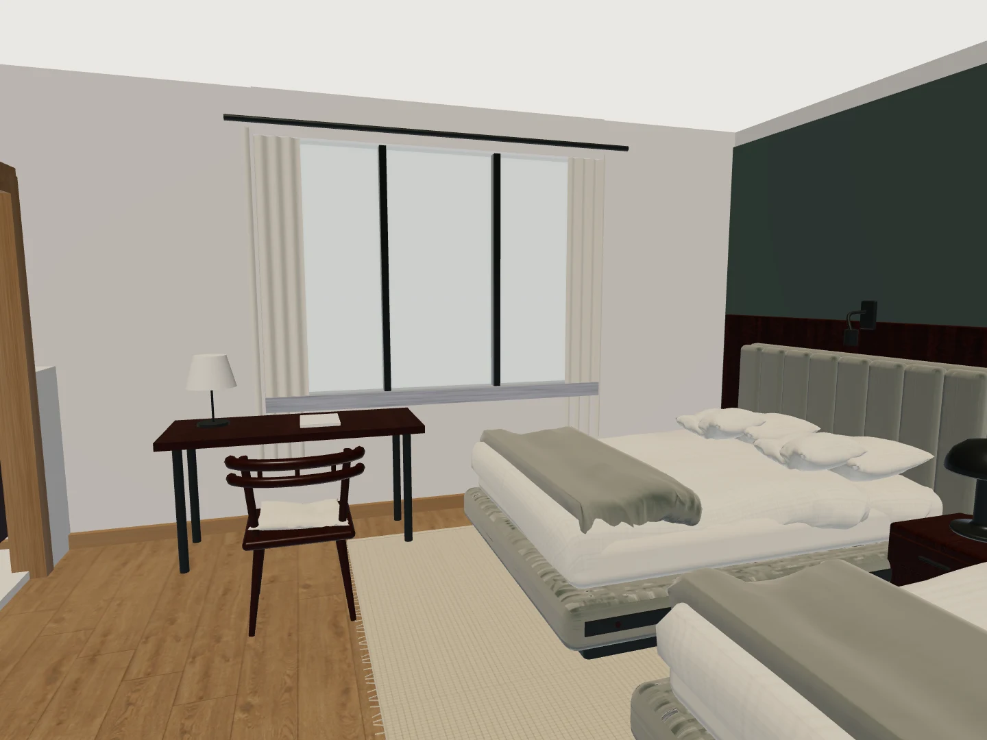 Two-bed hotel room: source 3D view, interior detail.