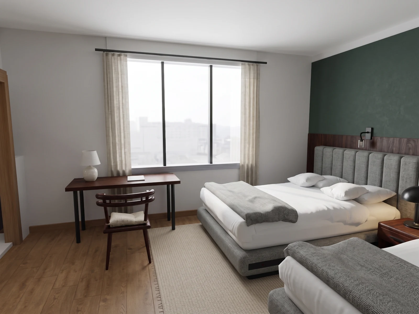 Two-bed hotel room, interior detail: AI-generated visualization of the reference 3D model.
