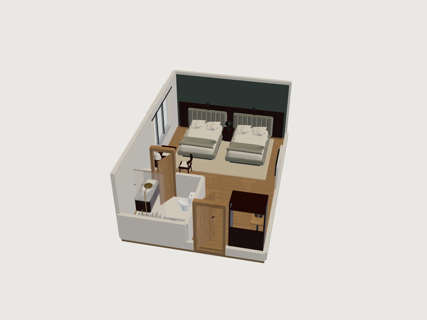 Two-bed hotel room: captured 3D model, left approach.