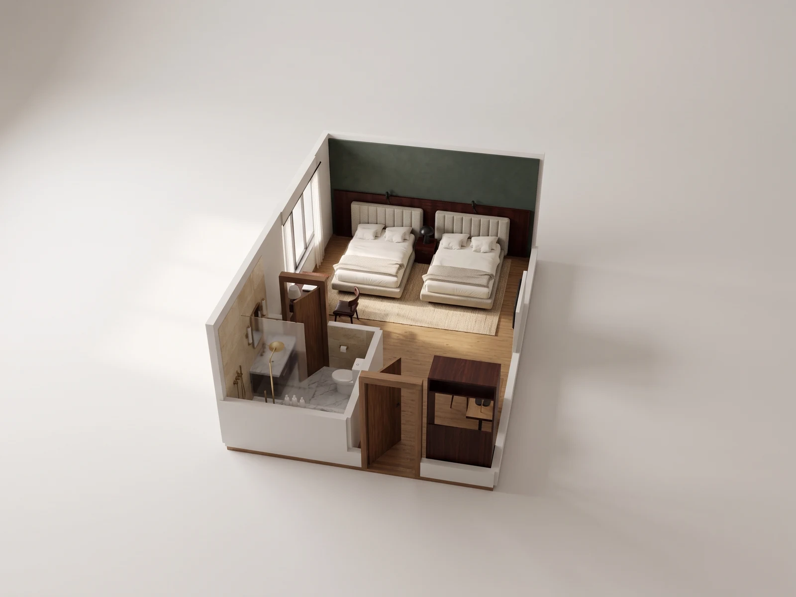 Two-bed hotel room, left approach: AI-generated visualization of the reference 3D model.