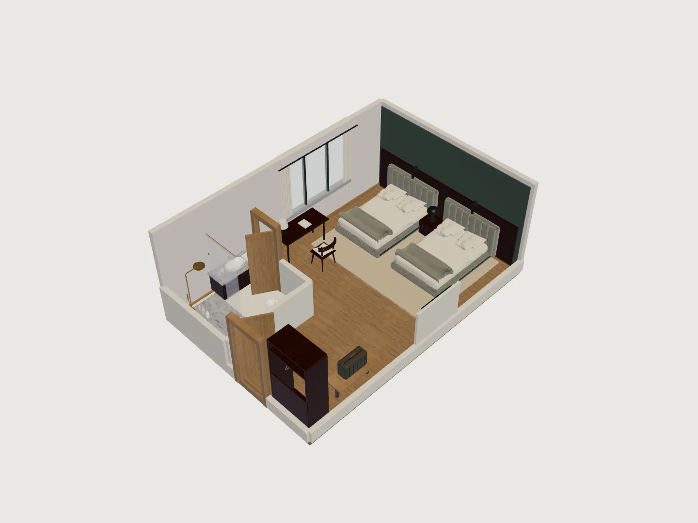 3D two-bed hotel room with a shared nightstand, entry closet, shower bathroom, luggage bench and window desk.