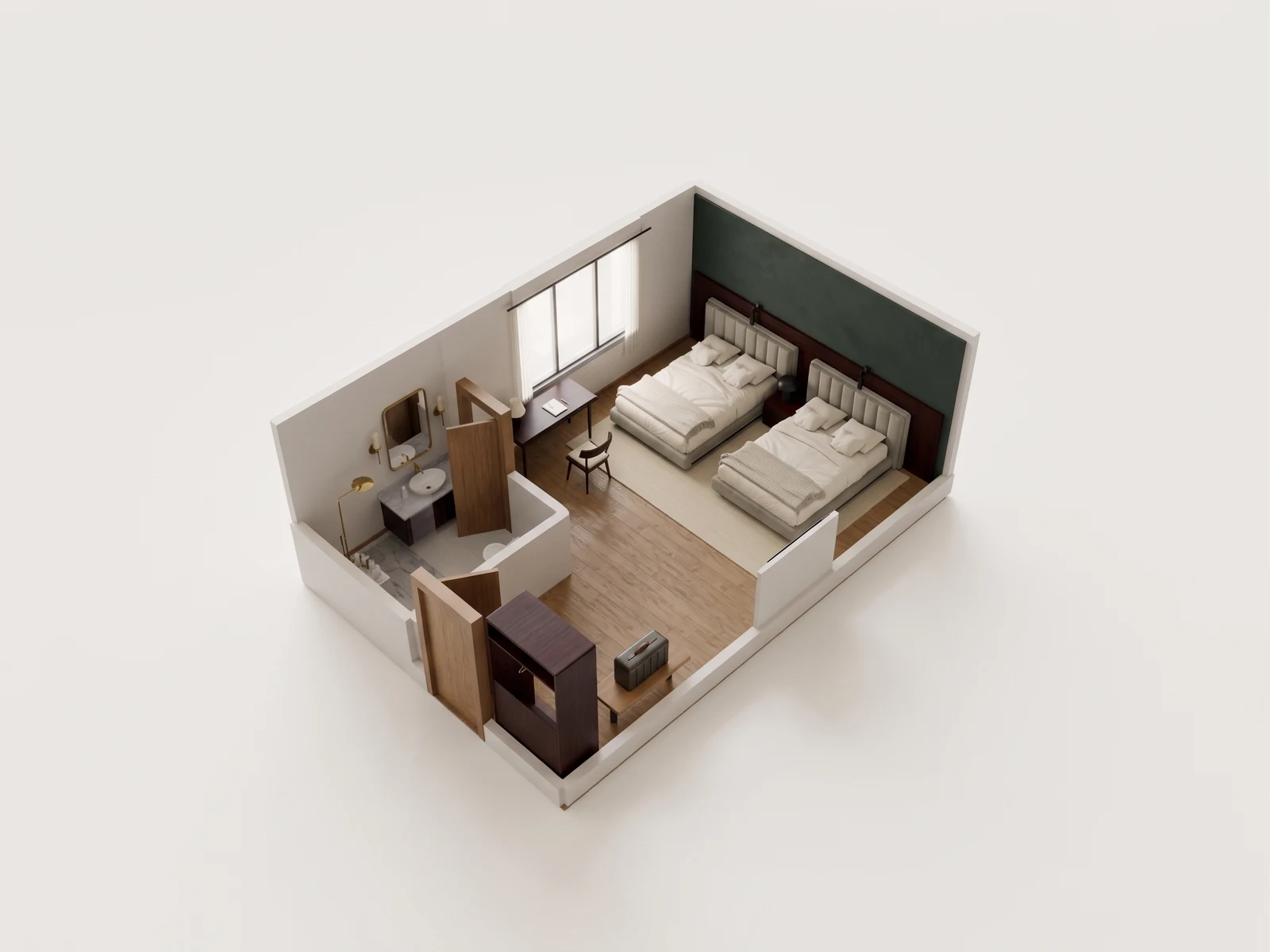 Two-bed hotel room, whole space: AI-generated visualization of the reference 3D model.
