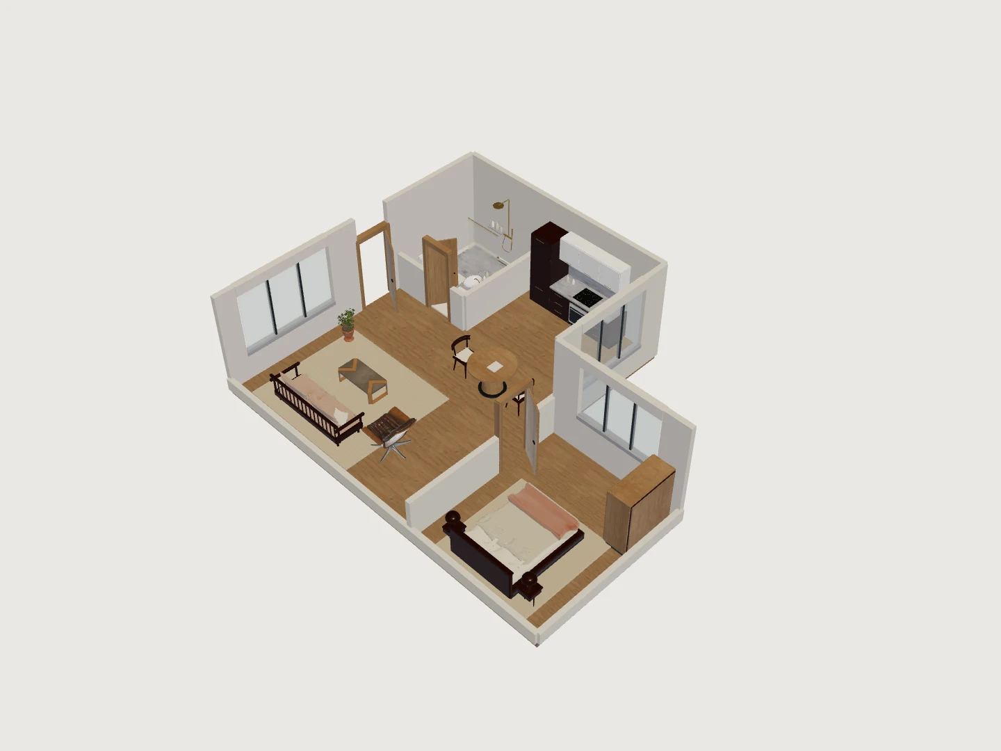 3D L-shaped home with an open shared main wing, entry bathroom and bedroom beyond the turn.