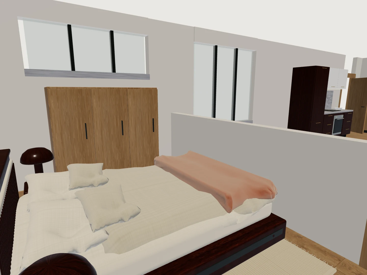 Long narrow rental: source 3D view, interior detail.