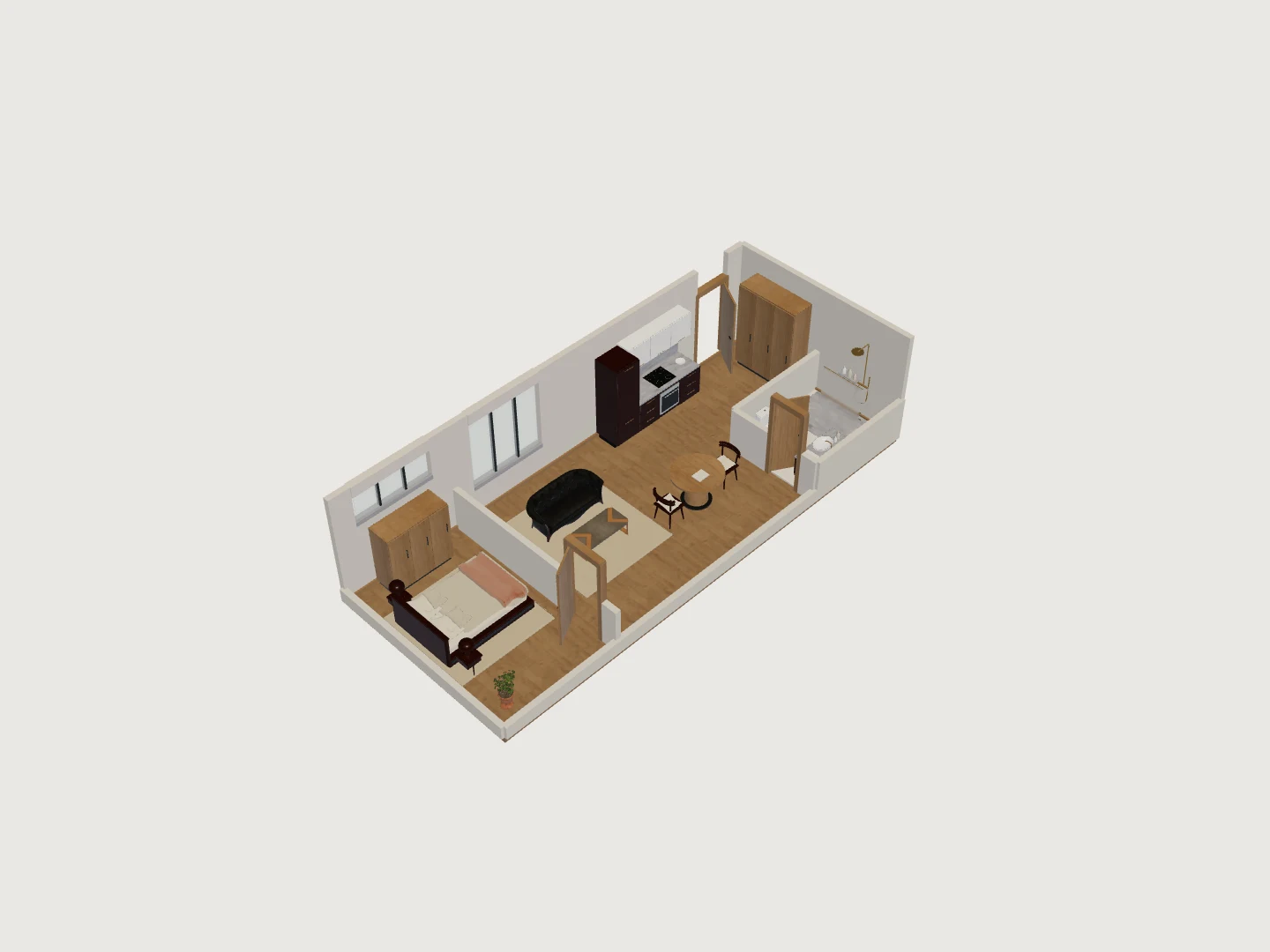 3D model of a long narrow rental with an entry bathroom, open kitchen, dining and living sequence, and private bedroom beyond.