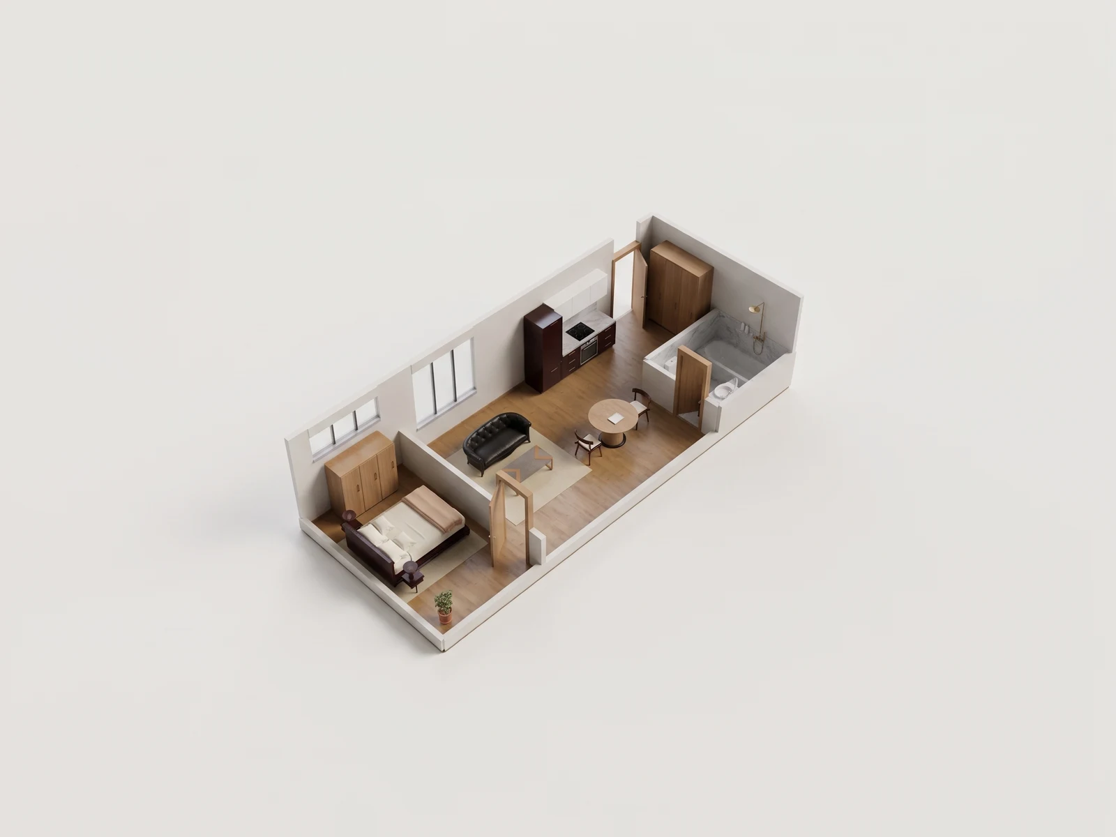 Long narrow rental, whole space: AI-generated visualization of the reference 3D model.
