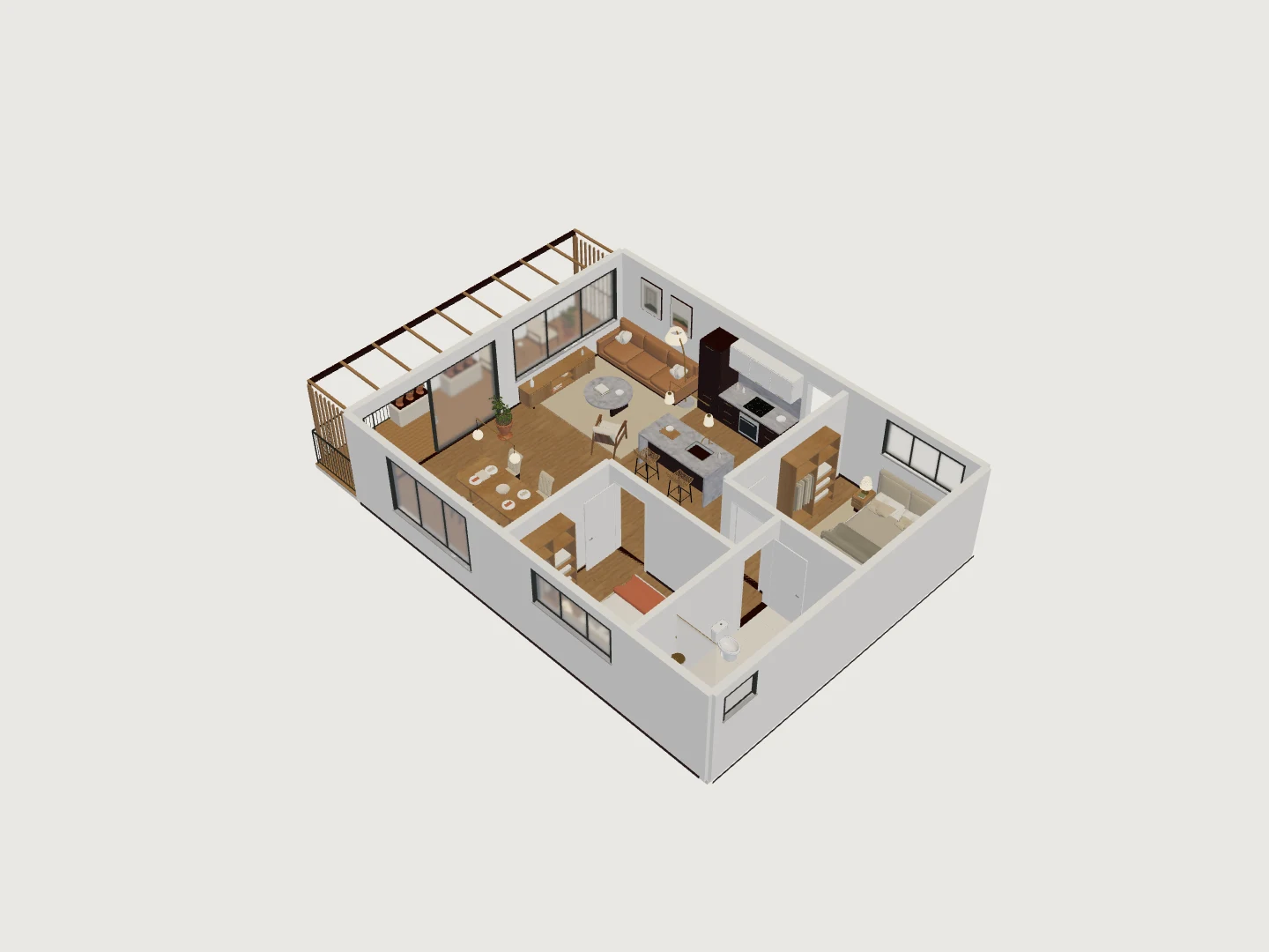 3D furnished reference apartment with connected living, dining and bedroom zones.