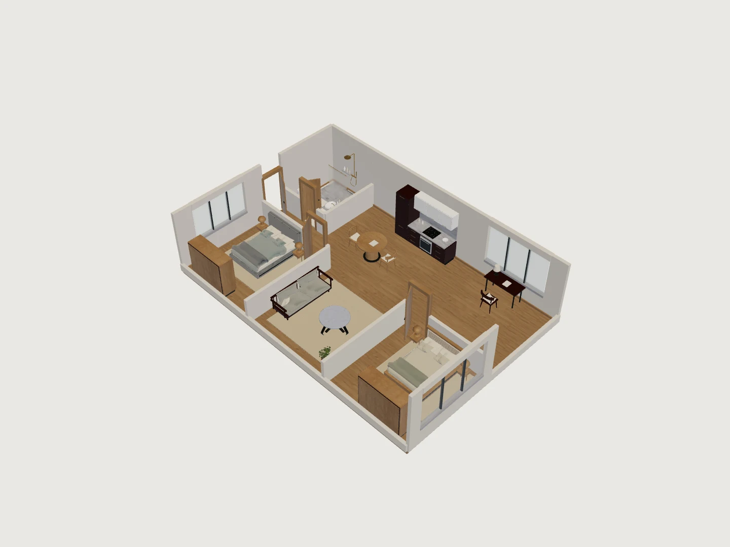 3D model of a split two-bed home with private bedrooms on either side of a central kitchen and living room, plus a separate window desk.