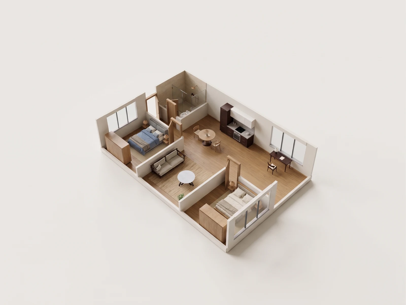 Split two-bed, whole space: AI-generated visualization of the reference 3D model.
