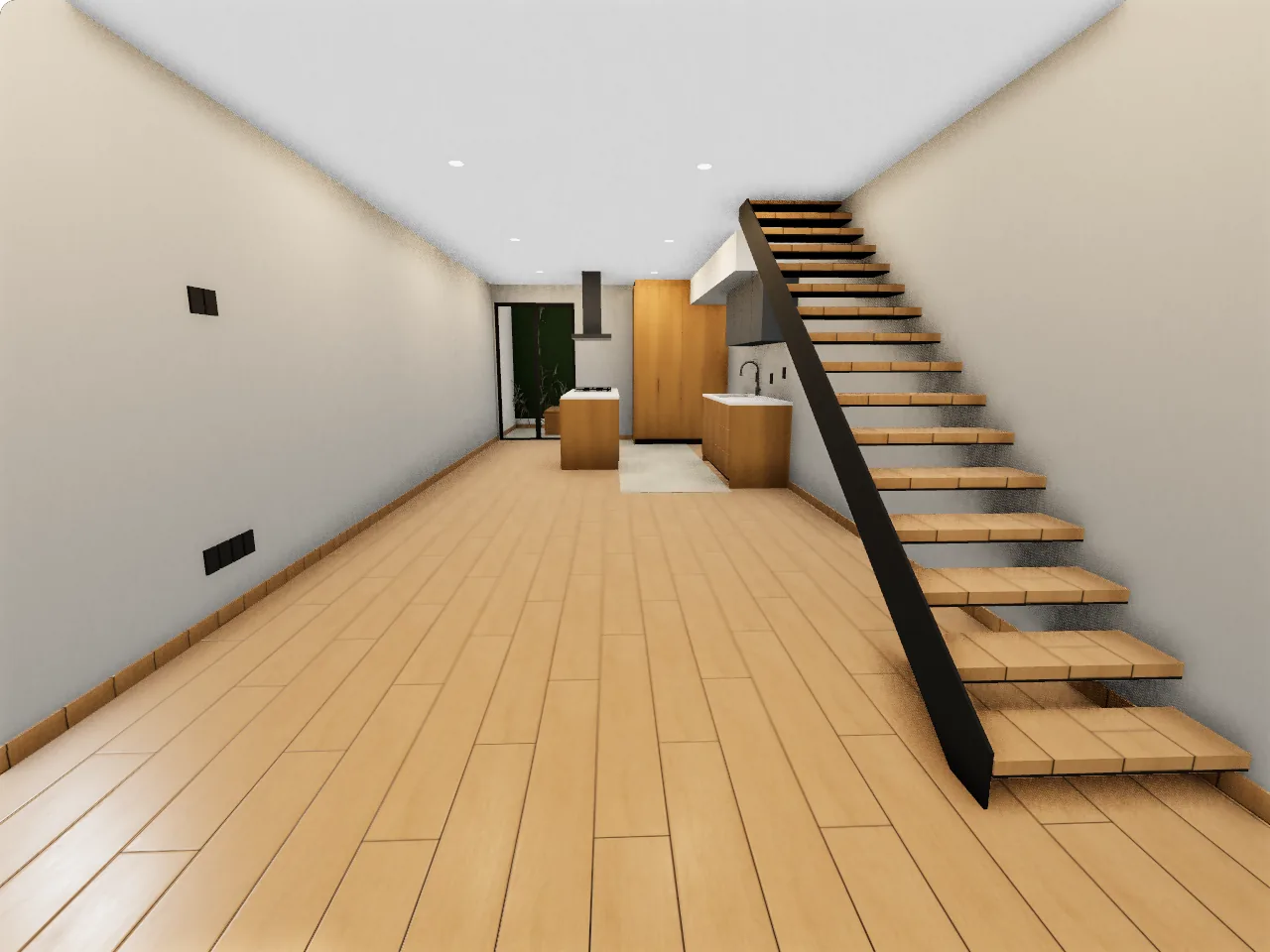 The model at the same camera: the open stair along the right wall, the oak floor and the kitchen at the far end.
