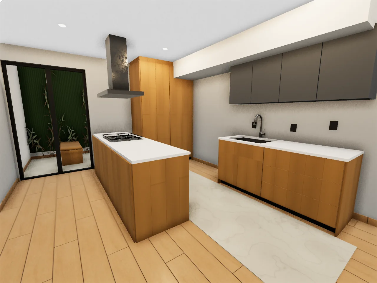 The model at the same camera: the island with its cooktop and hood, the wall counter and the terrace door.