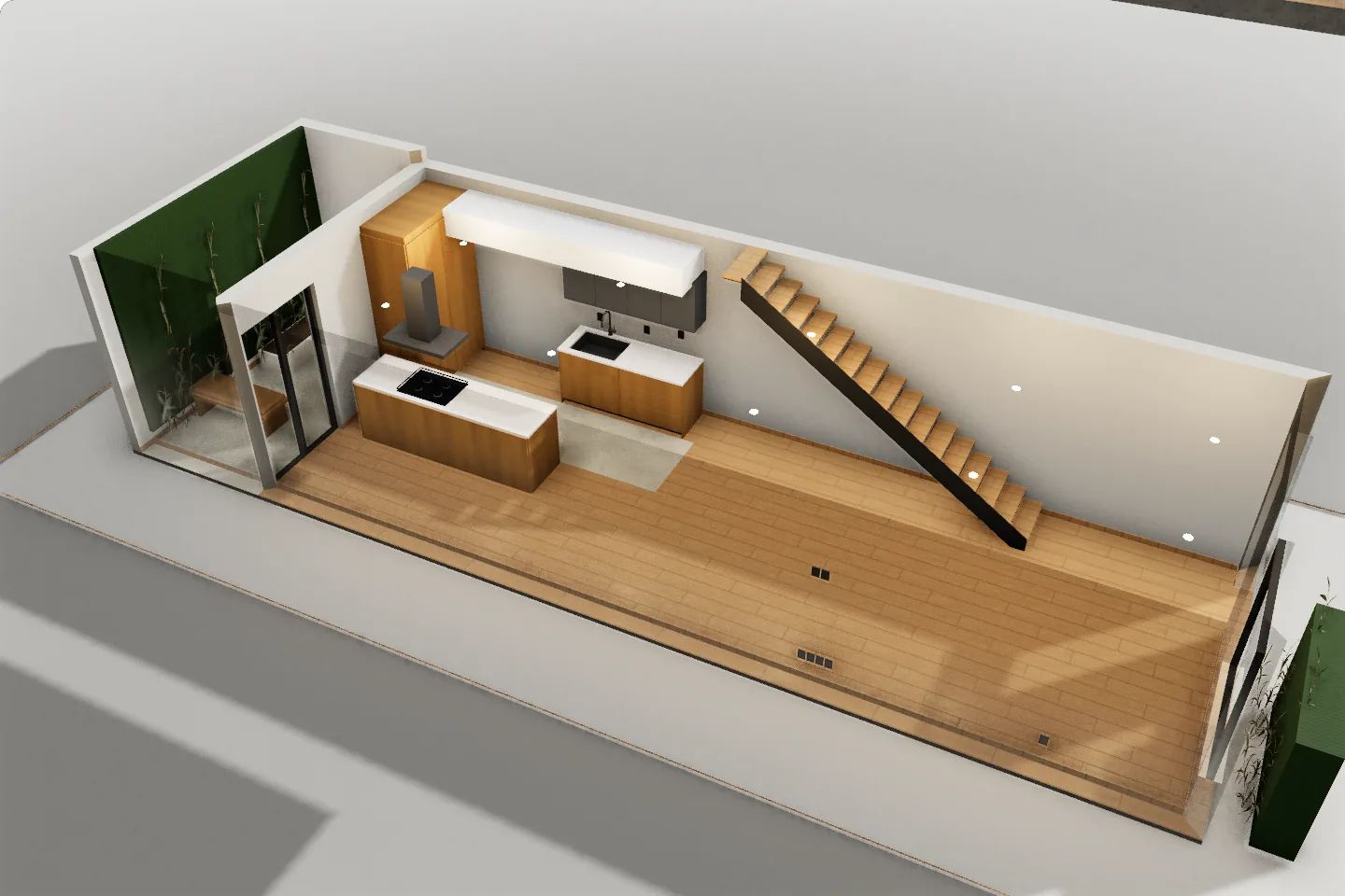 A cutaway of the refined ground floor: the kitchen island and wall counter, the open stair, the oak floor and the terrace.