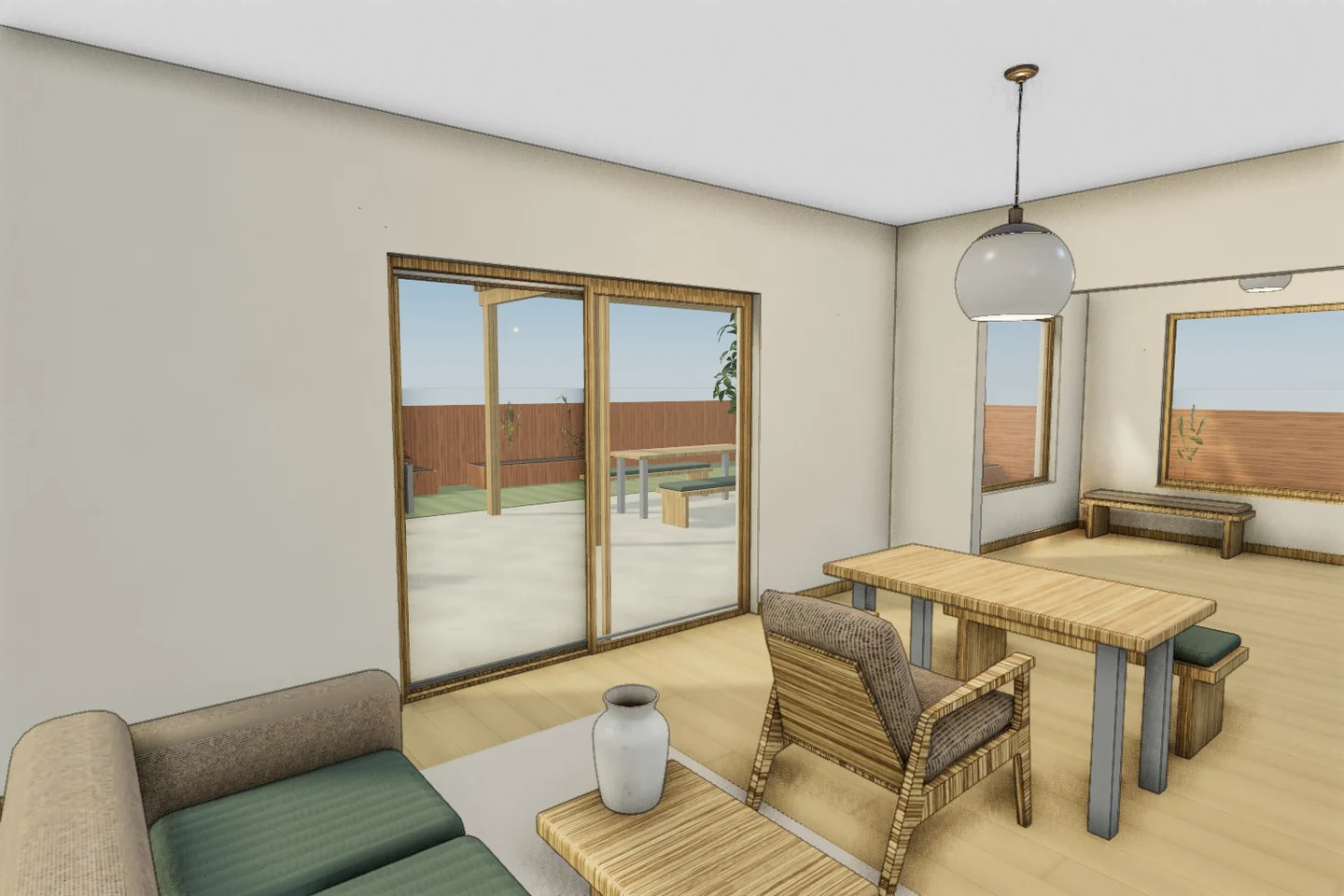 The Garden Room’s living room at eye level in its 3D model, with two numbered notes: one on the back wall, one on the sliding doors to the garden