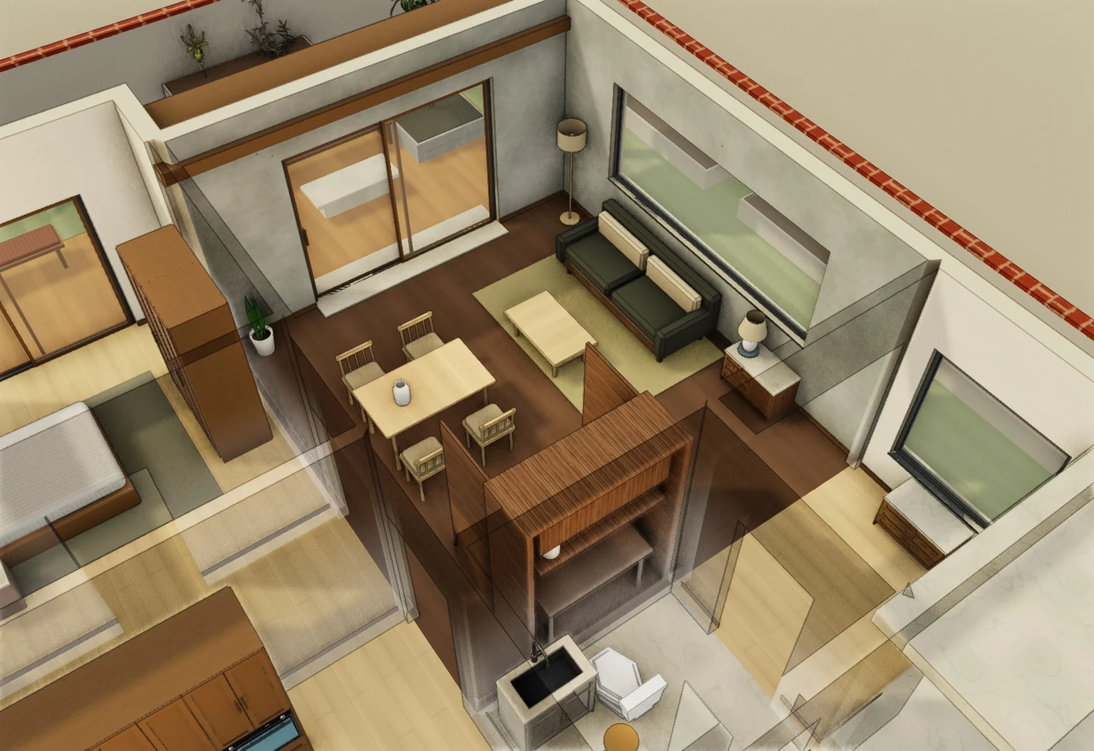 An apartment’s 3D model cut away from above: the furnished living room, bedroom and garden terrace