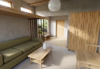 Living room with a green sofa and a timber wardrobe, an AI photo of a scheme