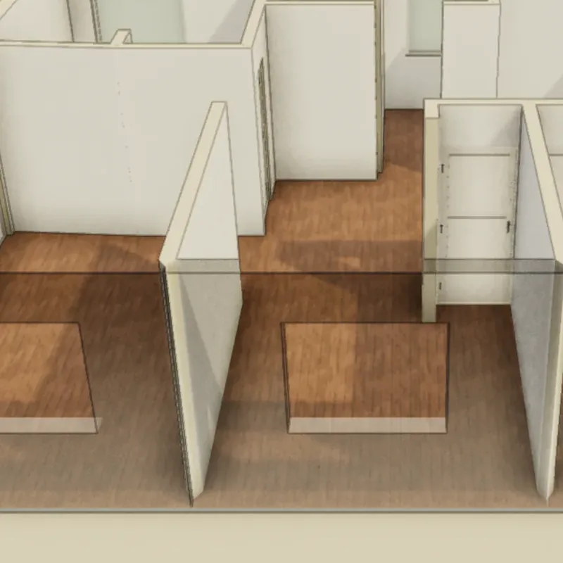 The same camera after the middle bedroom’s back wall was removed: its floor runs through to the hall